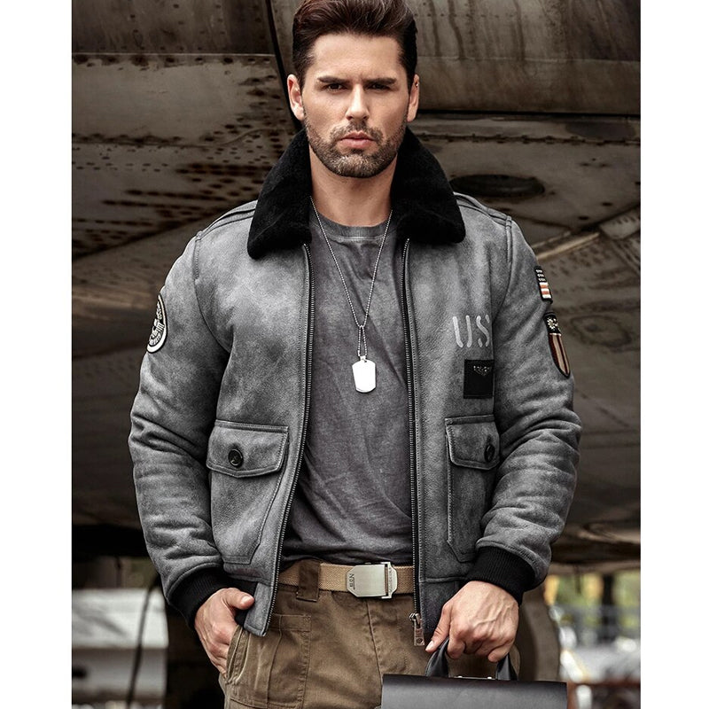 Men's Grey B3 RAF Flight Shearling Leather Jacket Coat