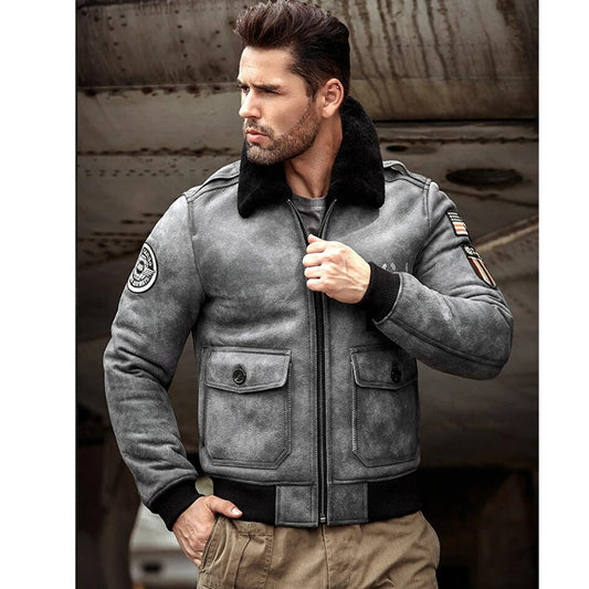 Men's Grey B3 RAF Flight Shearling Leather Jacket Coat