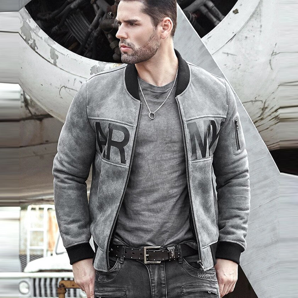 Men's Grey Sheepskin Army Shearling Bomber Jacket