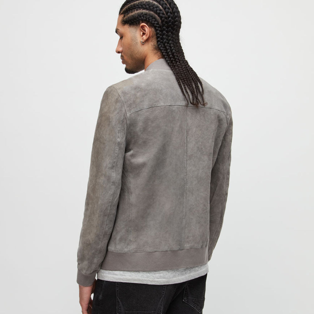 Men’s Grey Suede Leather Bomber Jacket - Sleek & Sophisticated