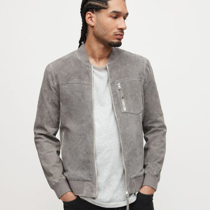 Men’s Grey Suede Leather Bomber Jacket - Sleek & Sophisticated