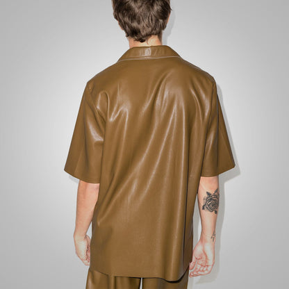 Men's Half Sleeves Khaki Leather Shirt