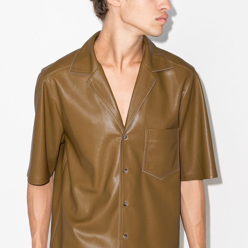 Men's Half Sleeves Khaki Leather Shirt