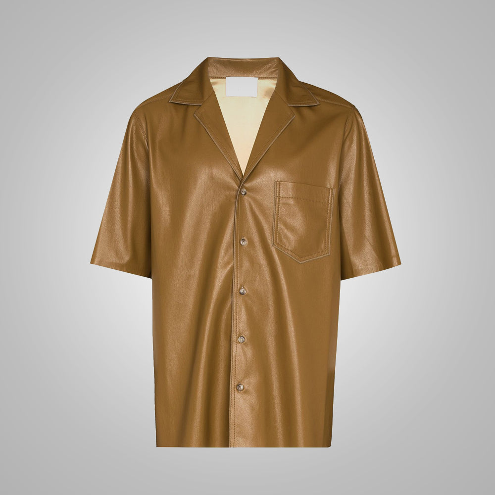 Men's Half Sleeves Khaki Leather Shirt