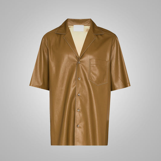 Men's Half Sleeves Khaki Leather Shirt