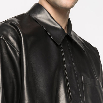 Men's Half Sleeves Soft Sheepskin Black Leather Shirt