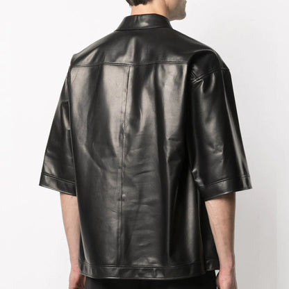 Men's Half Sleeves Soft Sheepskin Black Leather Shirt