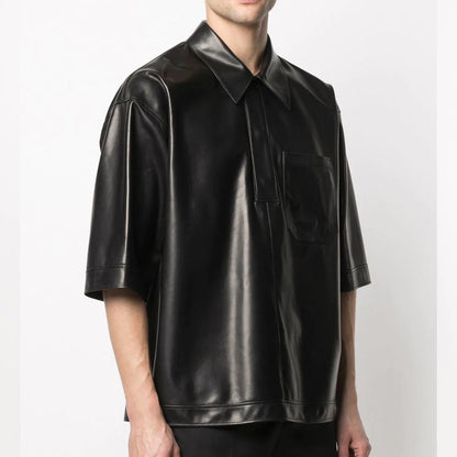 Men's Half Sleeves Soft Sheepskin Black Leather Shirt