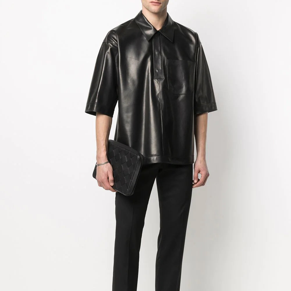 Men's Half Sleeves Soft Sheepskin Black Leather Shirt