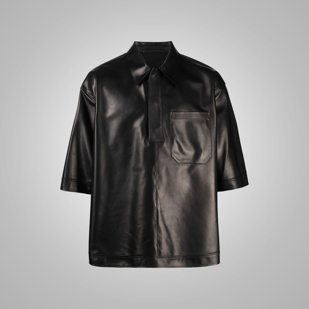 Men's Half Sleeves Soft Sheepskin Black Leather Shirt