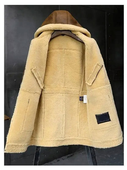 Mens Hooded Sheepskin Shearling Leather Jacket