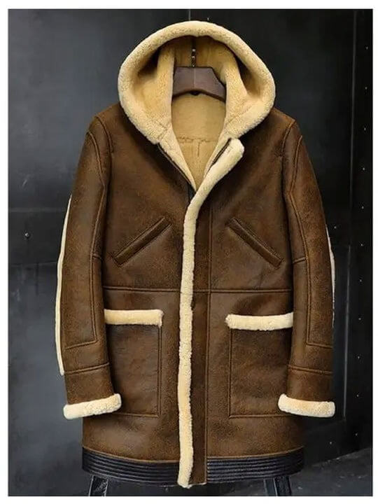 Mens Hooded Sheepskin Shearling Leather Jacket