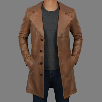 Men's Jackson Distressed Brown Winter Car Leather Trench Coat