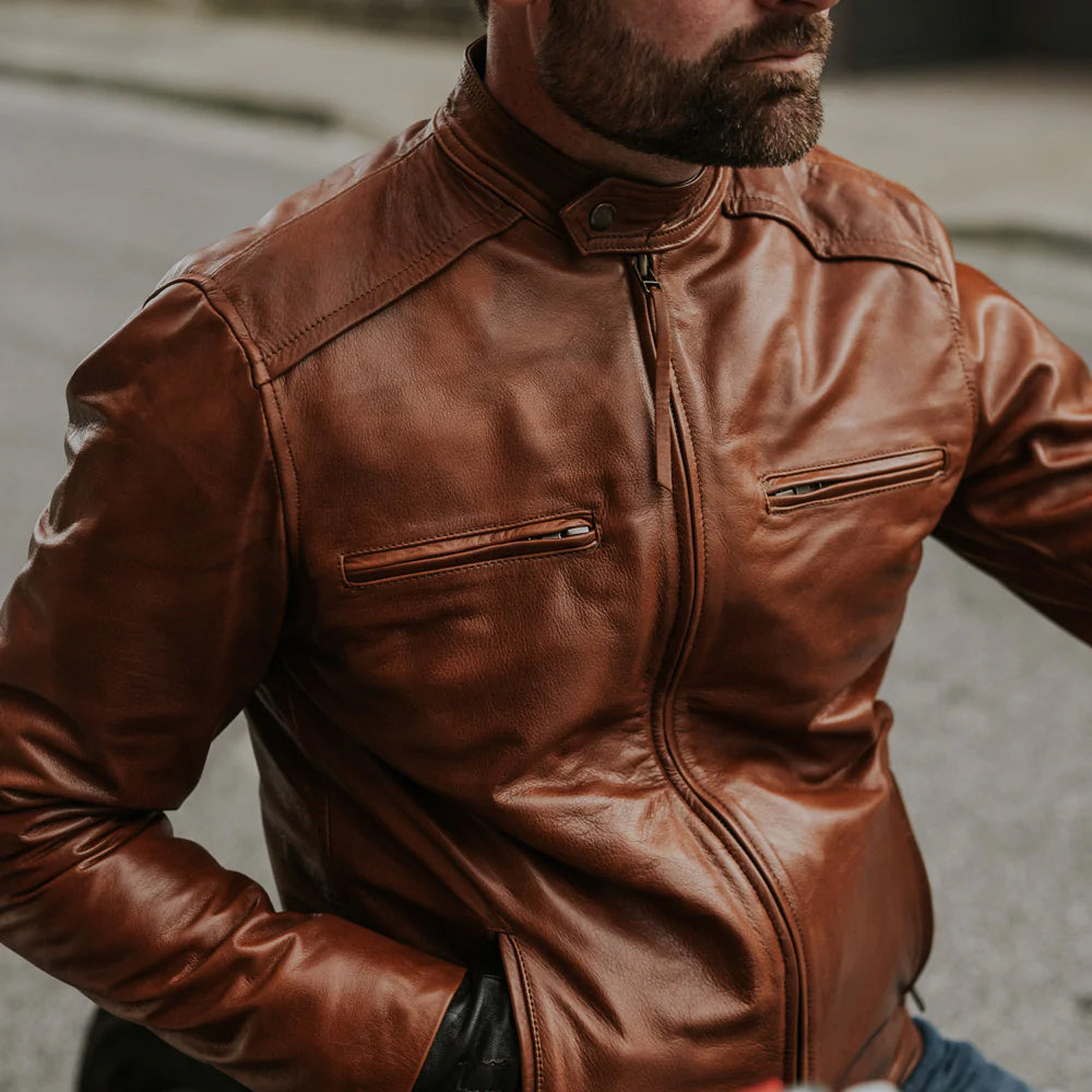 Men’s Light Brown Cafe Racer Leather Motorbike Jacket