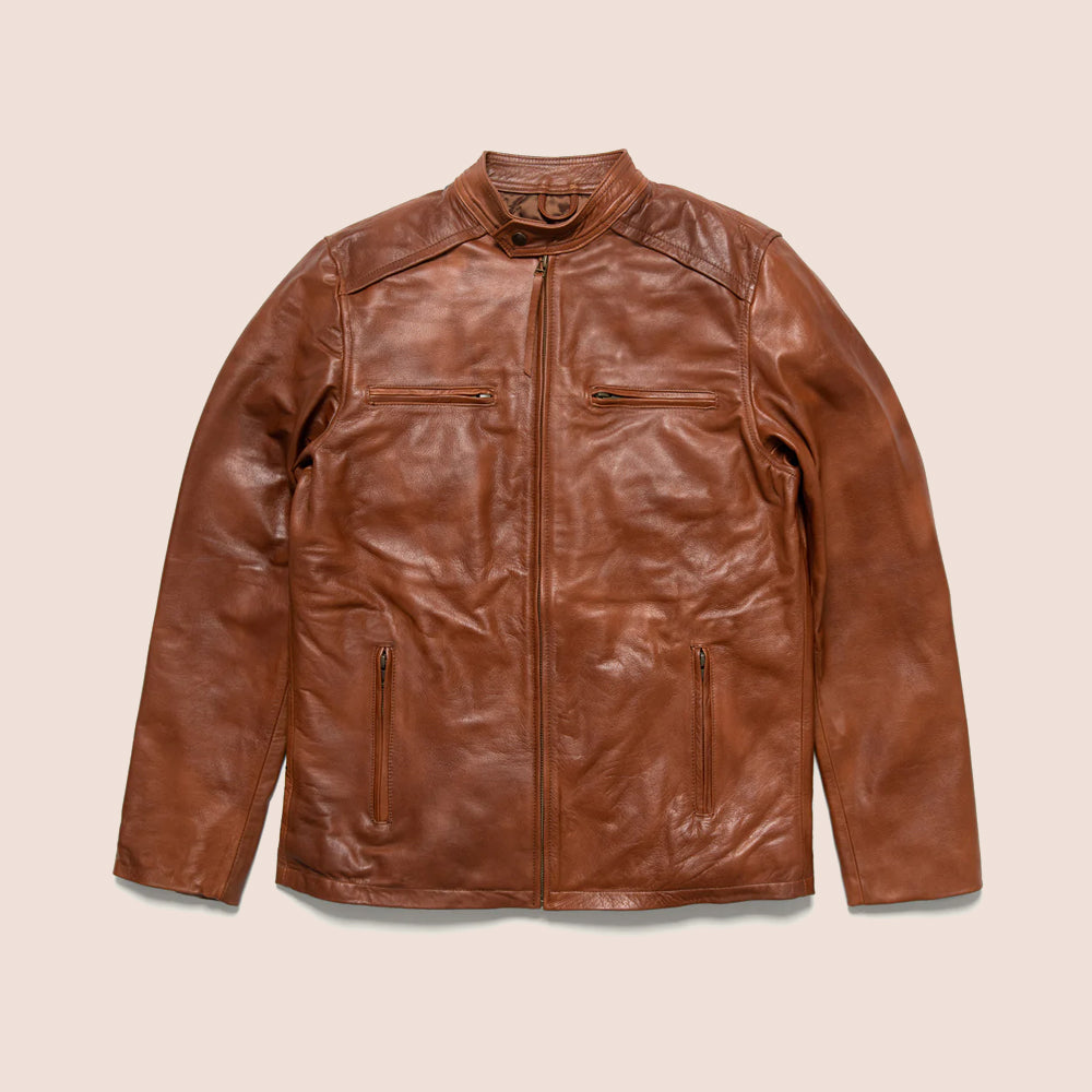 Men’s Light Brown Cafe Racer Leather Motorbike Jacket