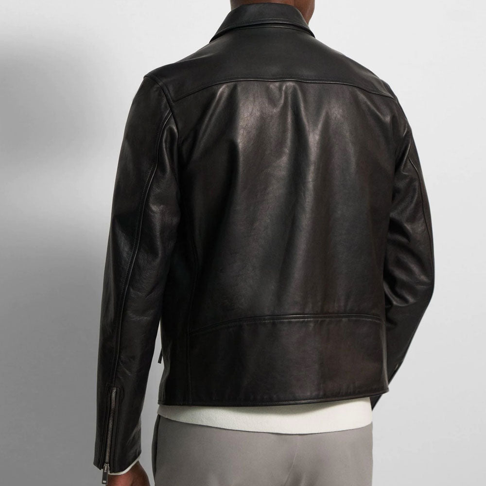 Men's Pointed Collar Black Shirt-Style Leather Jacket