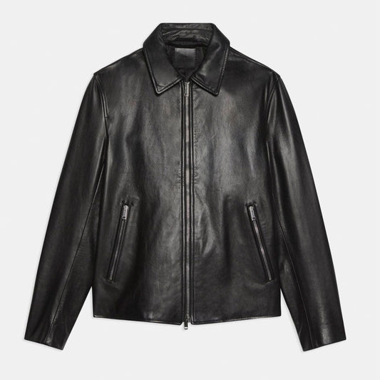 Men's Pointed Collar Black Shirt-Style Leather Jacket