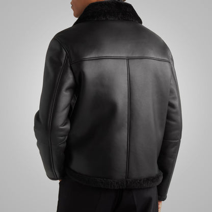 Men's Black Shearling Lined Leather Trucker Jacket