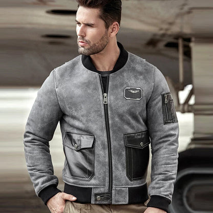 Men's A2 Airforce Sheepskin Shearling Motorcycle Leather Bomber Jacket