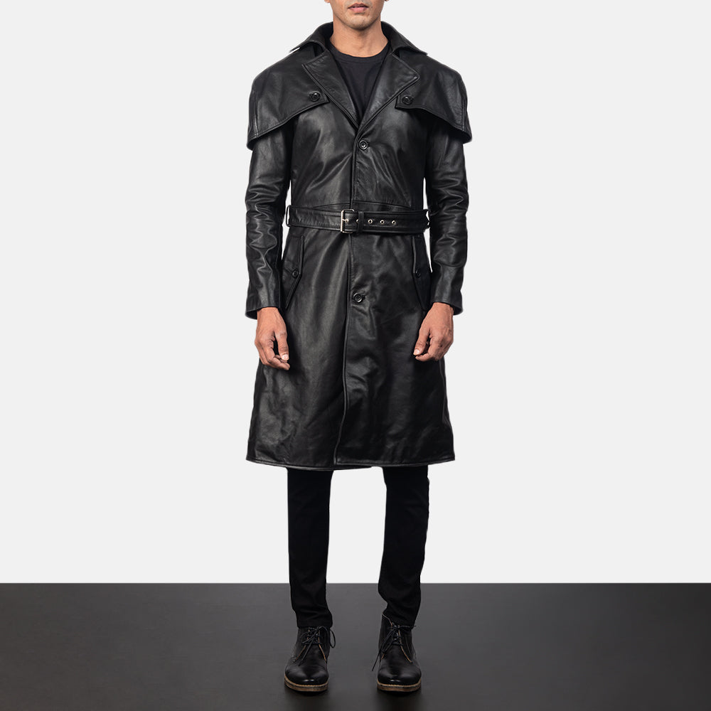 Men’s Shiny Black Belted Lambskin Leather Duster Coat