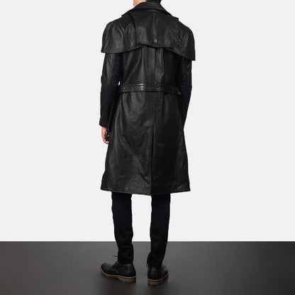 Men’s Shiny Black Belted Lambskin Leather Duster Coat