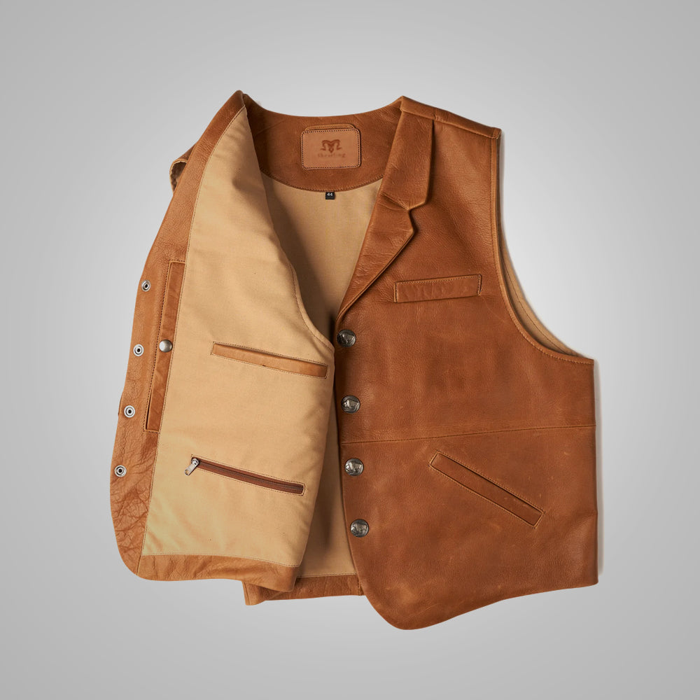 Men’s Vintage Brown Sheepskin Leather Cowboy Vest