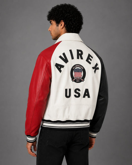 Back view multicolor Avirex bomber jacket with embroidered patches