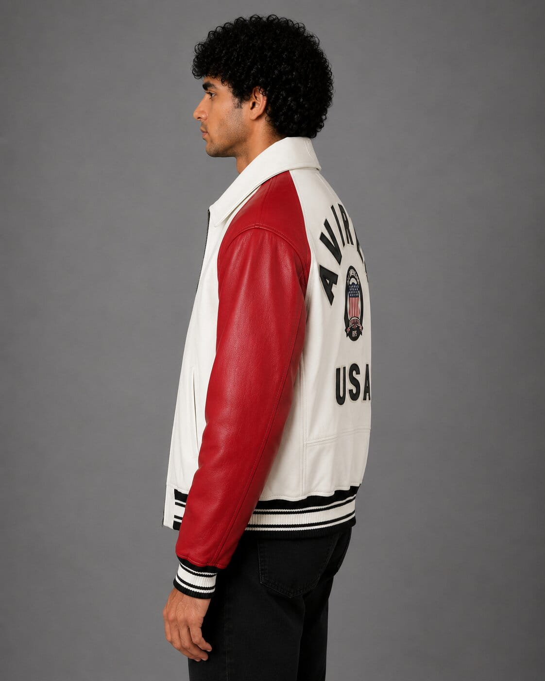 Side profile of multicolor sheepskin leather bomber jacket men