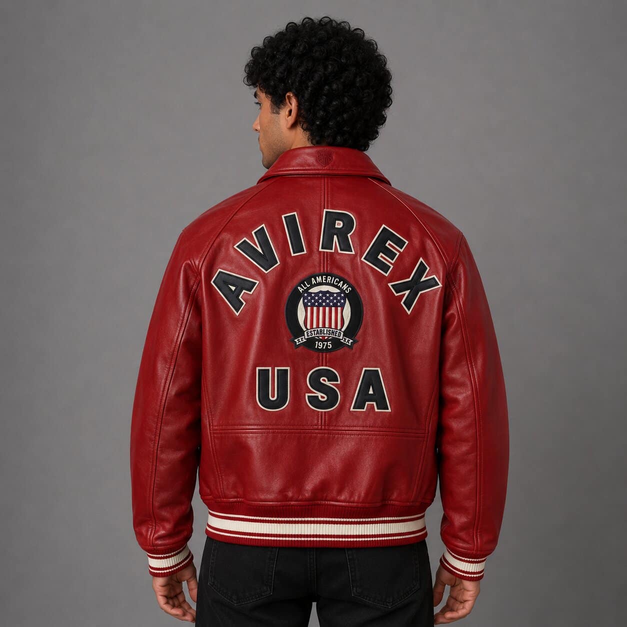 Back view of Avirex lambskin leather flight bomber jacket