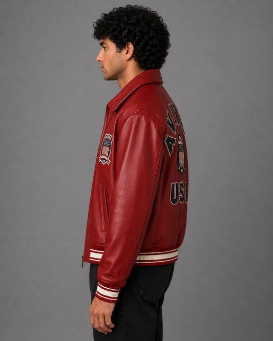Side profile of American flight lambskin leather bomber jacket