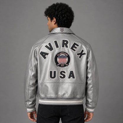 Back view of metallic silver leather bomber jacket for men