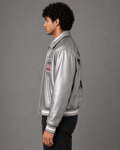 Side profile metallic silver biker leather bomber jacket