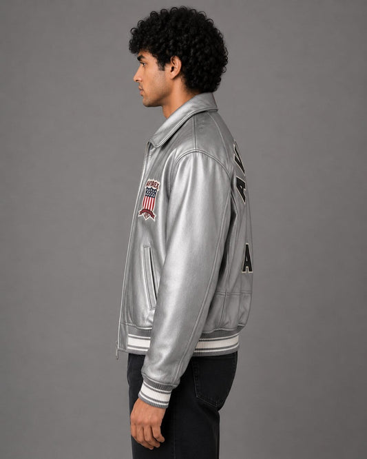 Side profile metallic silver biker leather bomber jacket