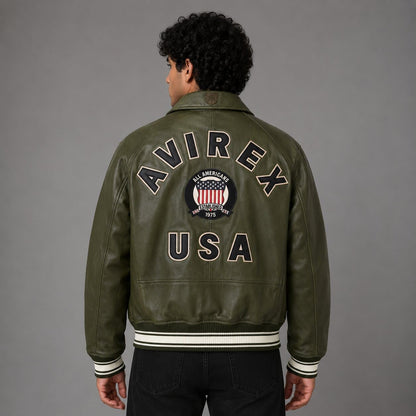 Back view olive green Avirex aviator bomber jacket leather