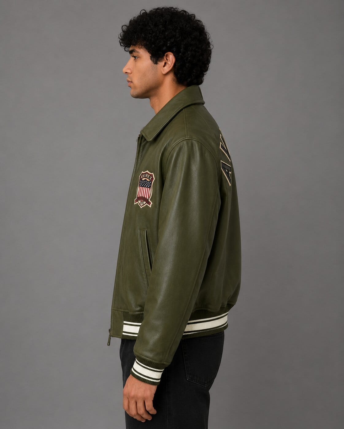 Back view olive green Avirex aviator bomber jacket leather