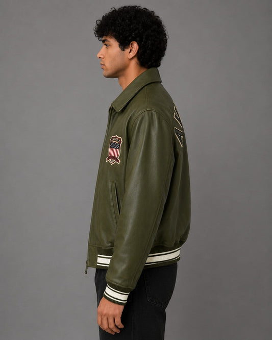 Back view olive green Avirex aviator bomber jacket leather