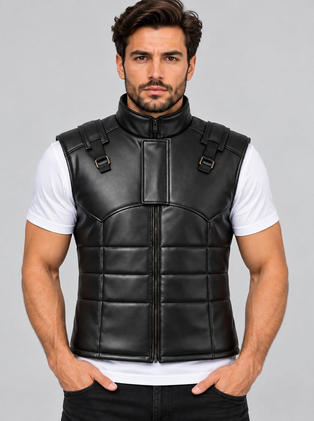 Metal Gear Solid Snake Tactical Leather Vest - Cosplay Costume front view by avanzar leather