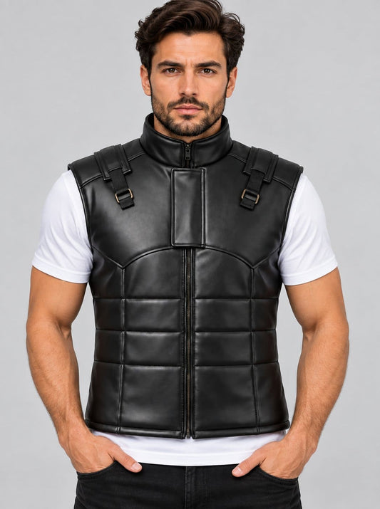 Metal Gear Solid Snake Tactical Leather Vest - Cosplay Costume front view by avanzar leather