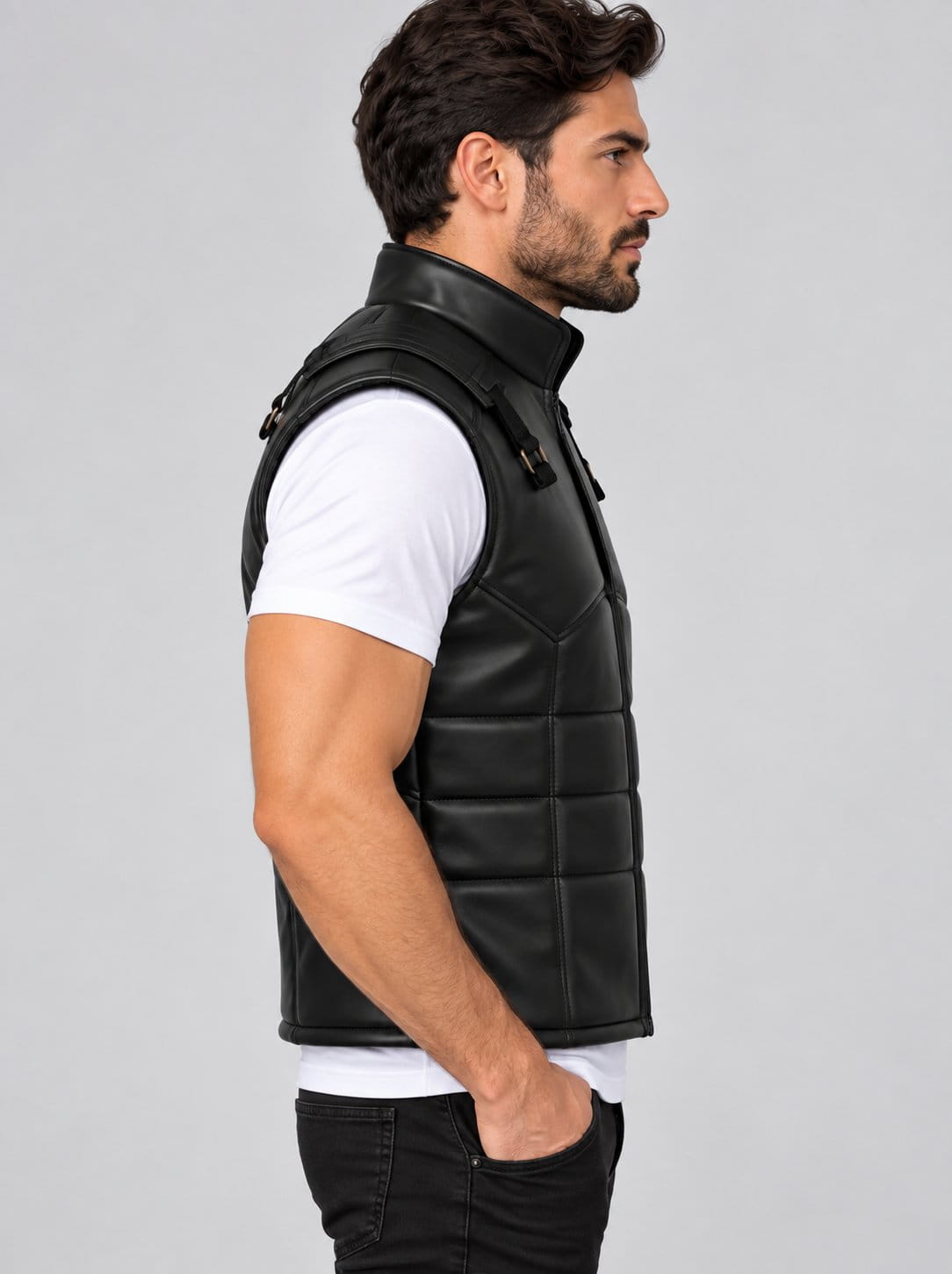 Metal Gear Solid Snake Tactical Leather Vest - Cosplay Costume sid view by avanzar leather
