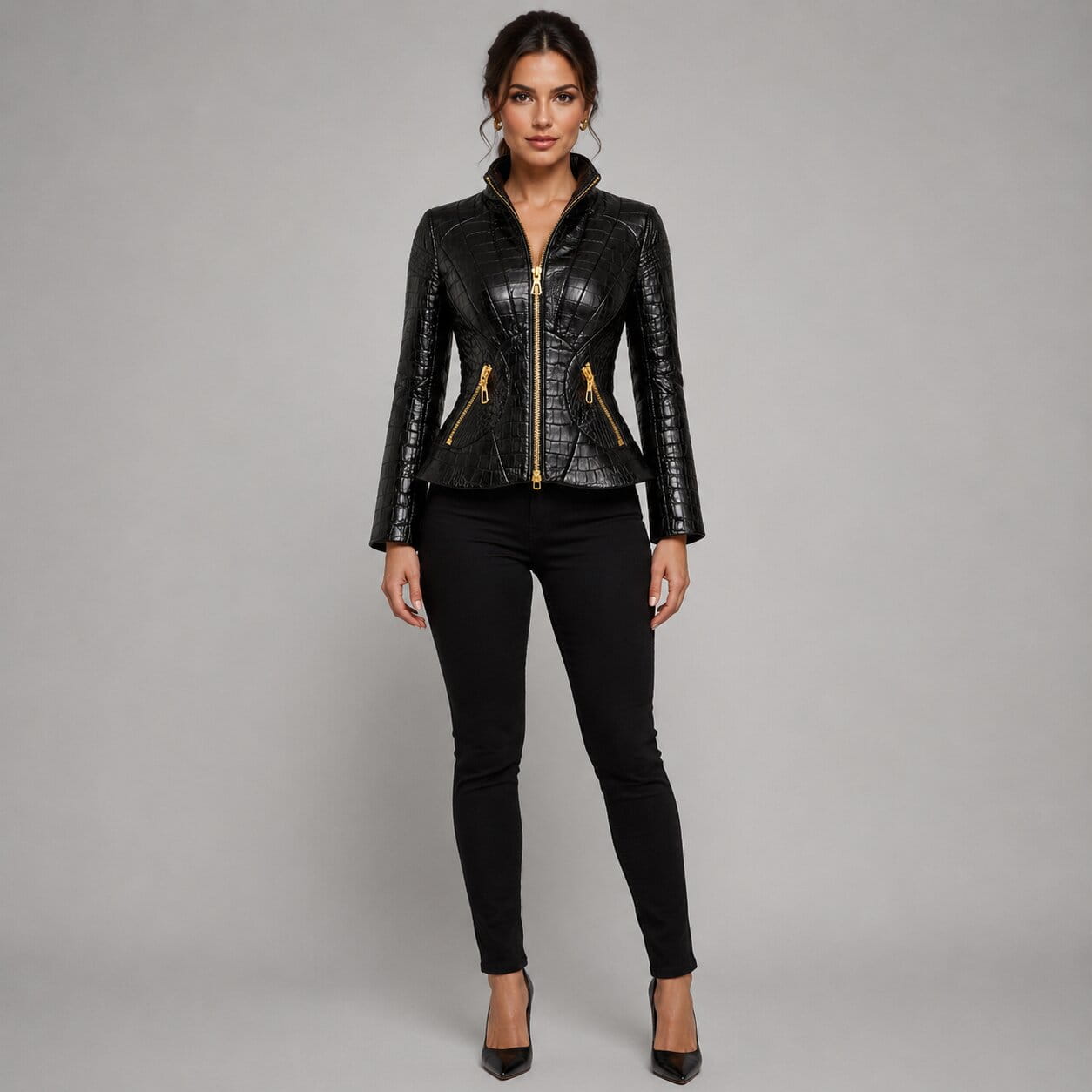 Midnight Viper crocodile embossed leather jacket front view by avanzar leather