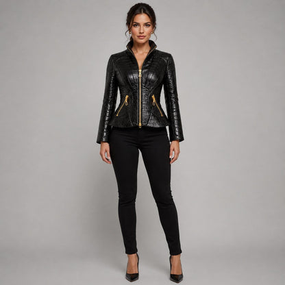 Midnight Viper crocodile embossed leather jacket front view by avanzar leather