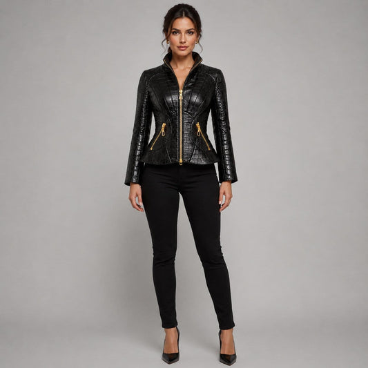 Midnight Viper crocodile embossed leather jacket front view by avanzar leather