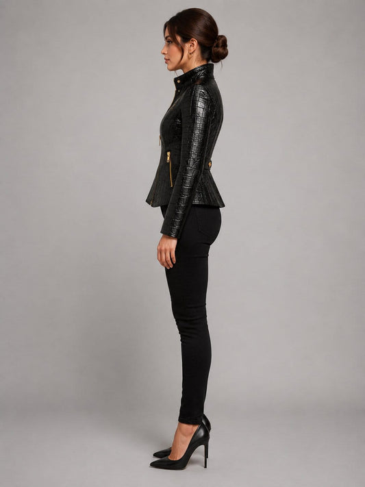 Side profile of Midnight Viper peplum leather jacket by avanzar leather