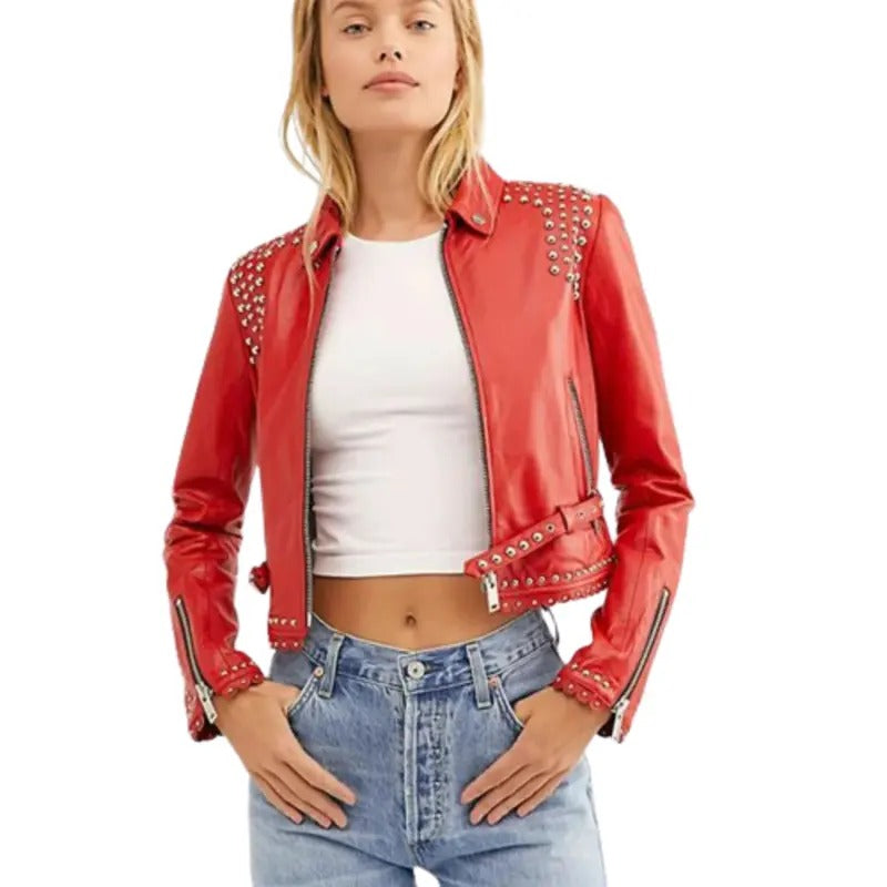 Women Studded Red Leather Jacket  Avanzar Leather