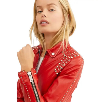 Women Studded Red Leather Jacket  Avanzar Leather