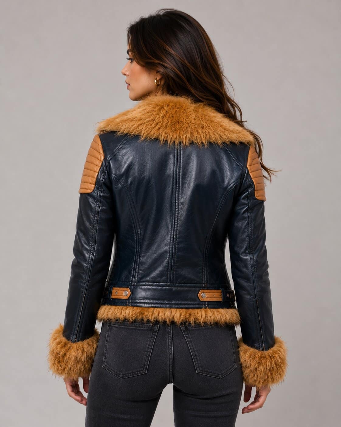 Navy Blue Leather Biker Jacket with Tan Fur Trim - Rugged Style back view by avanzar leather