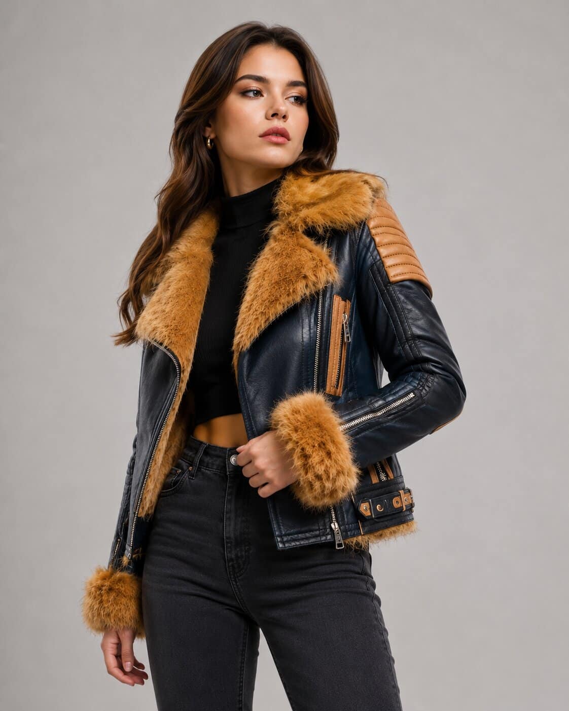 Navy Blue Leather Biker Jacket with Tan Fur Trim - Rugged Style front view by avanzar leather