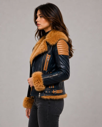Navy Blue Leather Biker Jacket with Tan Fur Trim - Rugged Style sid view by avanzar leather