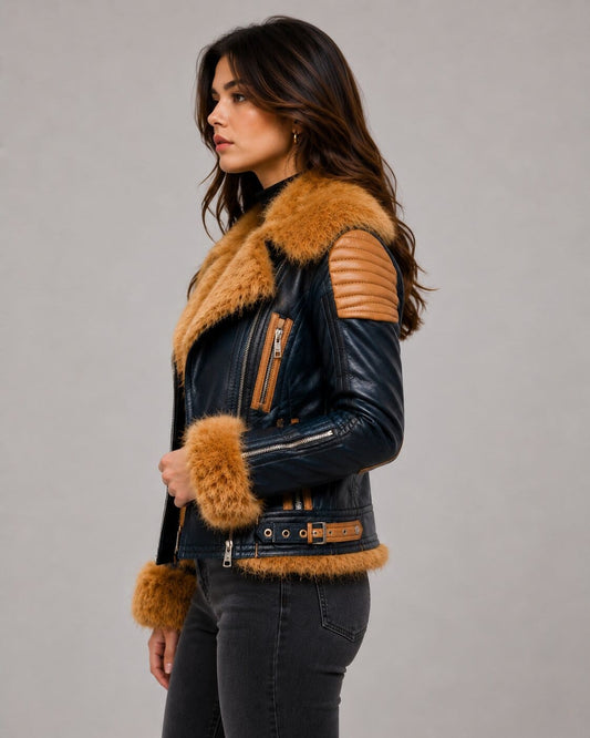 Navy Blue Leather Biker Jacket with Tan Fur Trim - Rugged Style sid view by avanzar leather