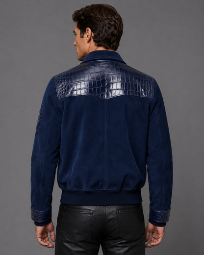 Navy Suede Bomber Jacket with Crocodile Embossed Leather by avanzar leather